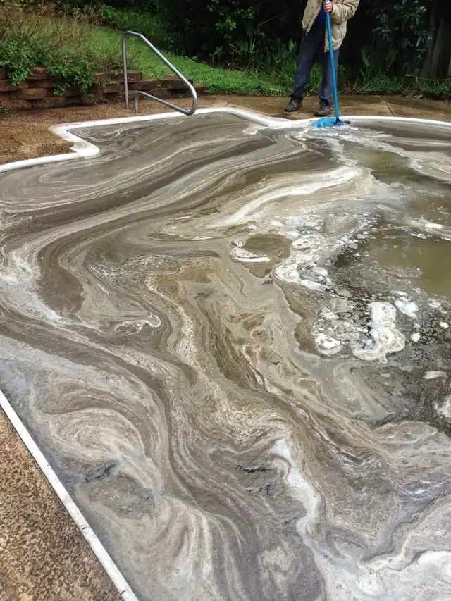 A fouled green pool before a cleanup, a technician brushing at the far edge